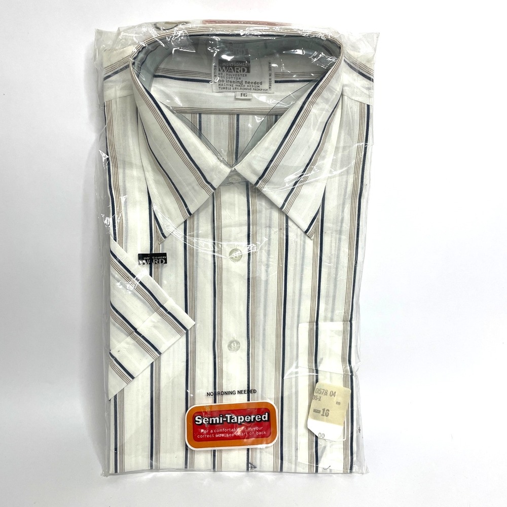 Montgomery Ward Men's Dress Shirt‎ Size 16 White Blue Stripe 70's VTG New